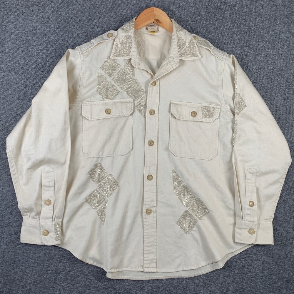 Polo Ralph Lauren Shirt Women XL Twill Beaded Western Dazzle Button Up Beige